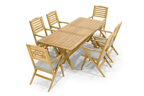 Robuste Holz Gartenmöbel Set – 7tlg. Esstisch mit 6 Designer-Stühlen - Hochwertiges Tisch & Stuhl Set aus Holz mit modernen Akzenten. Ausziehbarer Tisch für bis zu 6 Personen, inklusive bequemer Kissen. Ideal für gesellige Abende im Garten!