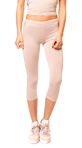 Easy Young Fashion - Damen Basic Capri Leggings - elastische 3/4 Baumwoll Viskose Stretch Hose 1077 - OneSize (Beige)