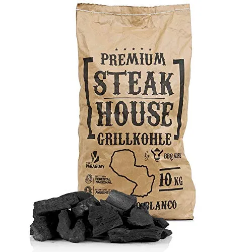 BBQ-Toro Premium Steak House Grillkohle 10 kg - Restaurantqualität für perfekte Steaks - Holzkohle mit 4-15 cm Körnung, ideal für Profiküchen und Garten. Langanhaltende, rauchfreie Glut für sicheres Grillen und intensives Grillaroma.