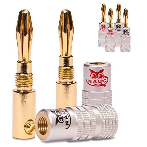 NAUC Bananenstecker für Lautsprecherkabel - 6 Stück Stecker als Set - Steckverbinder 24K vergoldet schraubbar - für HiFi Receiver Verstärker