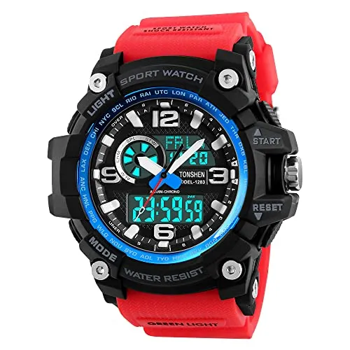 TONSHEN Herrenuhr Sportuhr Outdoor Militär 50M Wasserdicht Uhren LED Analog Quarz DREI Zeit Digitaluhr Alarm Countdown Armbanduhr (Rot Blau)