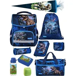 Familando Schulranzen-Set 10-teilig BASIC-PLUS T-REX DINO - Blau - Praktisches 10-teiliges Schulranzen-Set mit coolem Dinosaurier Design. Ergonomisch, leicht und sicher für ABC-Schützen. Mit ausreichend Platz für alle Schulutensilien und cleveren Funktionen.