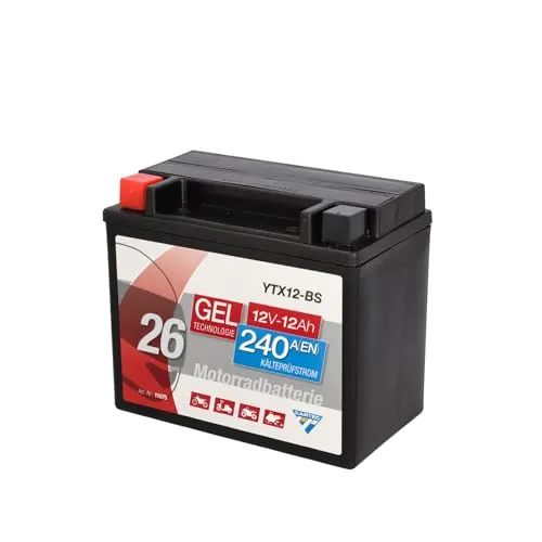 Cartec Gel Motorradbatterie YTX12-BS 12Ah 240A - Hochleistungs-Motorradbatterie mit 12Ah und 240A Kaltstartstrom, ideal für zuverlässigen Start und langlebige Leistung.