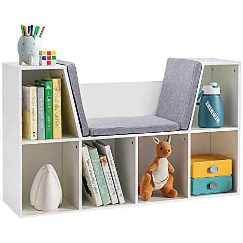 HOMCOM Bücherregal Kinder Kinderregal mit Sitzhocker 6 Fächern 3 Kissen Spielzeugregal Kinderbücherregal Spielzeug-Organizer für Spielzimmer Kinderzimmer 103 x 30 x 62 cm Weiß+Grau