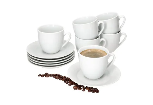 MamboCat Tasse 6er Set Tommy - Elegante Kaffeetassen mit Untertassen - Thermobehälter für stilvolles Kaffeetrinken, aus hochwertigem Porzellan in klassischem Weiß, ideal für 6 Personen.