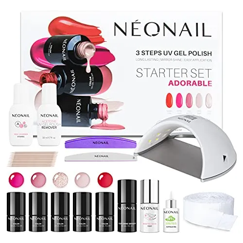 NEONAIL Starter Set ADORABLE - LED UV Lampe mit 5 UV Nagellacken, umfassendes Maniküre Set für kreative Nageldesigns