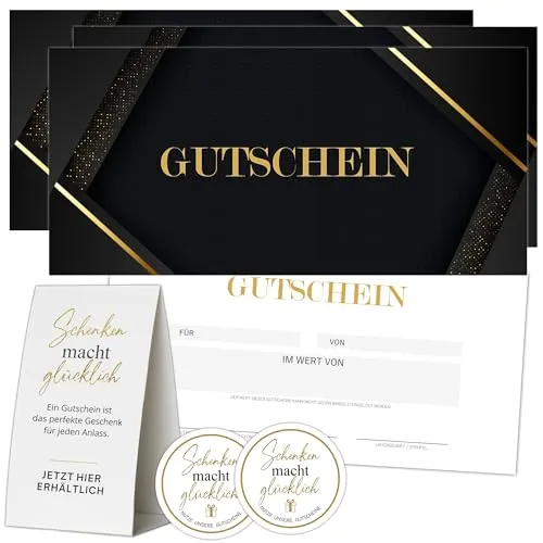 Eummel 50 Blanko Gutscheine zum selbst Ausfüllen + Aufsteller & Aufkleber | Premium Druck | Friseur Kosmetik Wellness Fußpflege Gastro Restaurant | Gutscheinkarte Geschenkgutschein