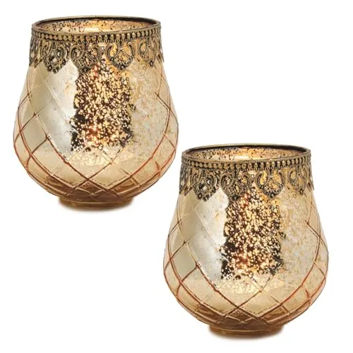 Vintage Kerzengläser Windlichter gold - 2 Moderne Windlichtgläser in 14 cm als Kerzenständer Laterne Teelichthalter - Boho Kerzenhalter Teelichtglas als Hochzeit Tisch-Deko Balkon Garten Deko