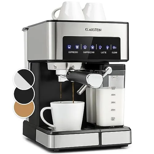 Klarstein Espresso Siebträgermaschine mit Milchaufschäumer - Siebträgermaschine mit 20 Bar Druck und 1350W Leistung, zaubert cremigen Milchschaum für perfekten Cappuccino und Latte Macchiato. Ideal für Kaffeeliebhaber!