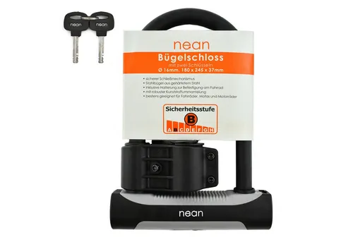 nean Bügelschloss mit Halterung und zwei Schlüsseln Ø 16 mm, 245 x 180mm Schwarz, gehärteter Stahl