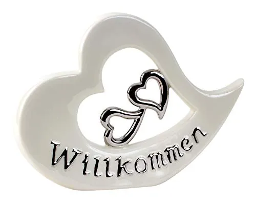 Lifestyle & More Moderne Skulptur Dekofigur Herz aus Keramik weiß und Silber 29x22 cm