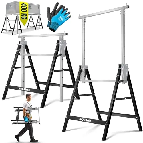 MASKO® Teleskop-Arbeitsbock Untergestell - Werkstatteinrichtung mit max. Belastbarkeit von 200 kg und höhenverstellbar von 800-1300 mm. Ideal für vielseitige Anwendungen, inklusive Handschuhe für zusätzlichen Komfort.