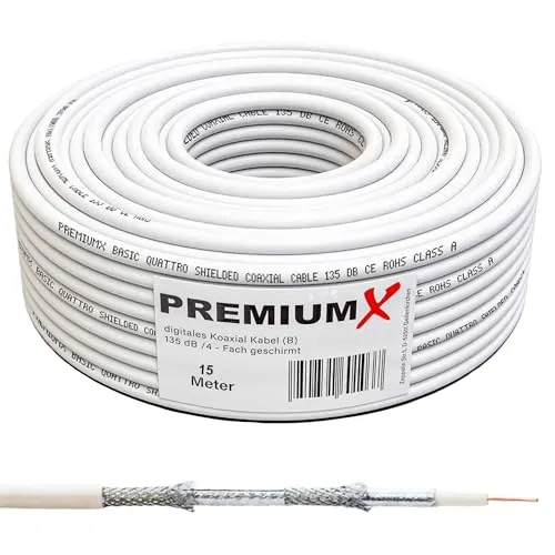 Premium X 15m BASIC Koaxialkabel 135dB 4-fach CCS Kupfer-Stahl Satelliten Koaxkabel Antennenkabel RG6 Digital SAT TV Kabel