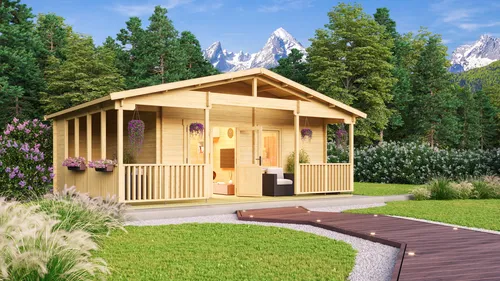Fjordholz Freizeithaus Glostrup 44 - Massives Freizeithaus aus nordischer Fichte mit starken Wandbohlen, ideal für Garten und Freizeit. Hochwertige Isolierglasfenster und robuste Dachkonstruktion garantieren Langlebigkeit und Komfort.