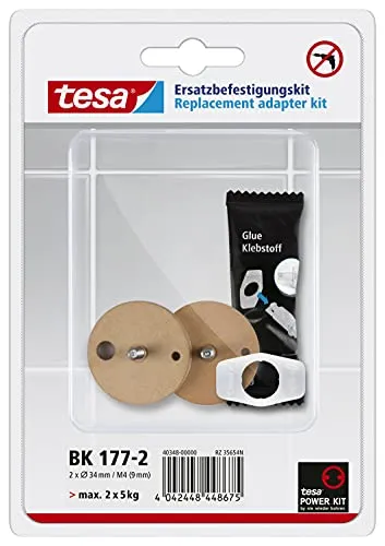 tesa Power.Kit-Adapter BK177-2, selbstklebendes Ersatzteil-Set, Metallplatte, Durchmesser 34mm, Höhe 12mm, Bolzenlänge 9mm