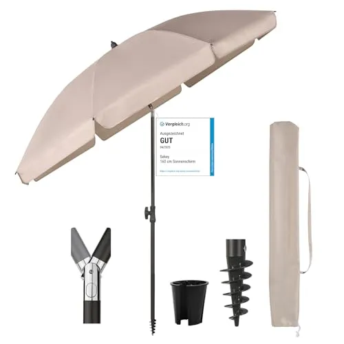 Sekey 180 cm Sonnenschirm Balkon mit Bodenhülse & Schutzhülle, Neigungs und Höhenverstellung, Sonnenschirm Strand für Balkon, Garten & Terrasse, Runder Sonnenschutz UPF 50+