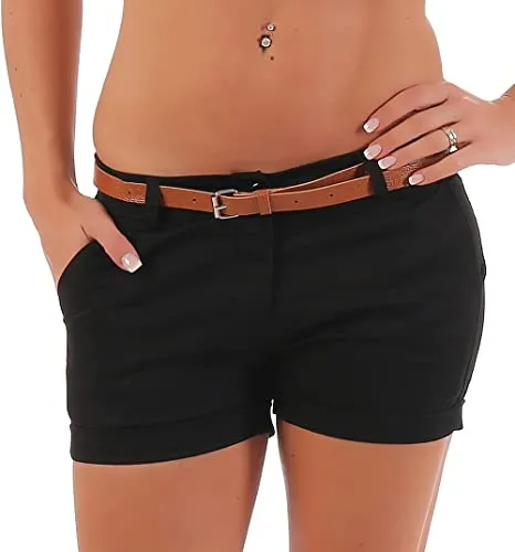 Malito Damen Chino Shorts - Lässige Hotpants für den Strand (schwarz, L) - Damen-Shorts aus hochwertigem Material, ideal für warme Tage. Stylische Details wie ein Gürtel aus Lederimitat und praktische Taschen machen sie zum Must-Have für jeden Sommer!