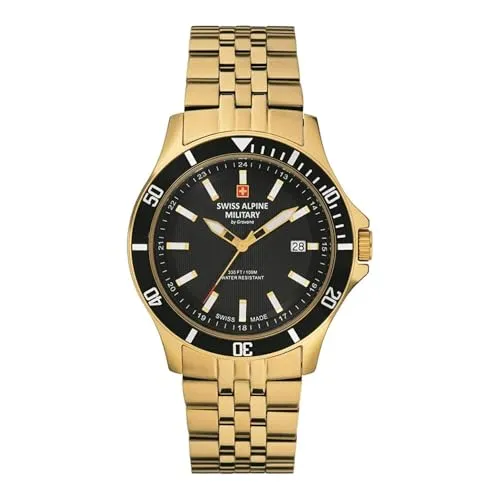 Swiss Alpine Military 7005.1117SAM Herrenuhr - Elegantes Design in Gold und Schwarz - Herrenuhren mit Swiss Made Qualität und 10 ATM Wasserdichtigkeit, ideal für stilbewusste Männer. Hochwertiges Edelstahlarmband und leuchtende Zeiger für optimale Ablesbarkeit.