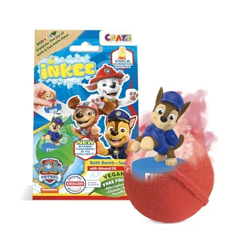 INKEE SURPRISE PAW PATROL, Badebombe Kinder mit Überraschung, Badekugel 80g mit Paw Patrol Stempel, Cola-Gummi Duft, Schaum-Effekt