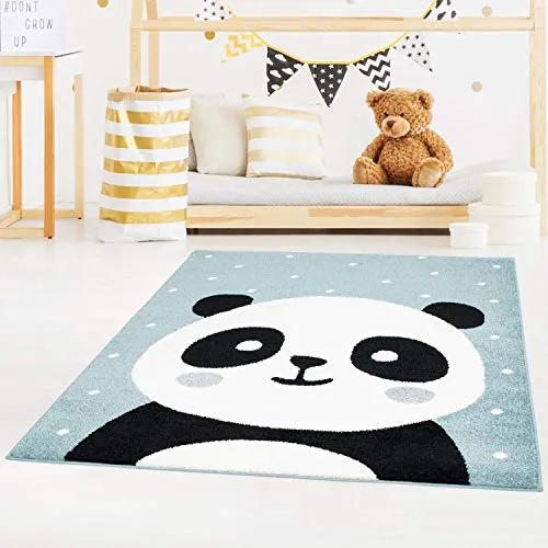 carpet city Kinderzimmer Baby Panda Teppich Blau 160x225 cm - Teppich für Baby- & Kleinkinderzimmer mit flachem Flor, pflegeleicht und schadstoffgeprüft nach Öko Tex Standard 100 – ideal für eine gemütliche Spielumgebung.