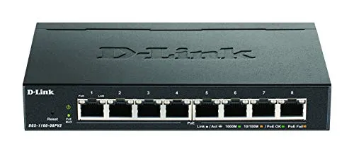 D-Link DGS-1100-08PV2/E 8-Port Gigabit Smart Switch - Netzwerk-Switch mit 8 PoE+ Ports, ideal für die Stromversorgung von IP-Geräten, lüfterloses Design für geräuschlosen Betrieb und verwaltbare Layer-2-Funktionen.