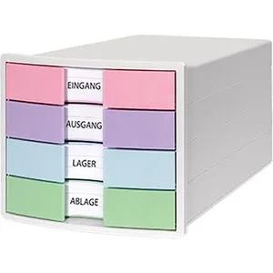 Han Schubladenbox 1012-129, A4, 4 Fächer, pastell/weiß - Praktische Schubladenbox aus Kunststoff mit 4 leichtlaufenden Fächern, ideal zur Organisation von Büromaterial und Kleinteilen. Made in Germany, stapelbar und mit rutschfesten Füßen für sicheren Stand.