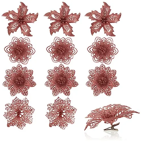 com-four® 12x Deko-Blume mit Clip - glitzernde Blüten zum Anklemmen - Blumenstecker als Raumdeko für Weihnachten und Valentinstag - [Auswahl variiert]