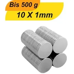 Neodym Magnet 10mm x 1mm - Supermagnet mit hoher Haftkraft - Kompakter Neodym Magnet (10x1mm) mit starker Haltekraft von ca. 500 g. Ideal für Haushalt und Handwerk, langlebige Nickelbeschichtung sorgt für hohe Korrosionsbeständigkeit.
