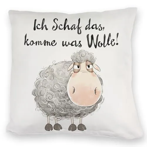 speecheese Schaf Kuschelkissen mit Spruch Ich Schaf das komme was Wolle Witzig Flauschiges Bauerntier Design Cartoon Farm Schaf für Geburtstag