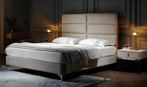 Luxus Polsterbett 180x200cm - Modernes Design in Beige - Elegantes Doppelbett mit einem stilvollen Holzrahmen und einem modernen Textilbezug. Ideal für Erwachsene, bietet es Komfort und eine Liegefläche von 180x200cm. Montage ist nicht erforderlich.