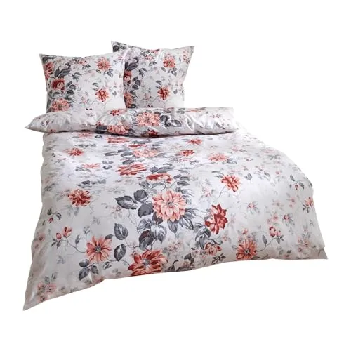 TRAUMSCHLAF Bettwäsche Blumen rot, 3-teiliges Flanell-Set - Bettwäsche-Sets aus hochwertigem Flanell, kuschelig warm und pflegeleicht, ideal für erholsamen Schlaf.