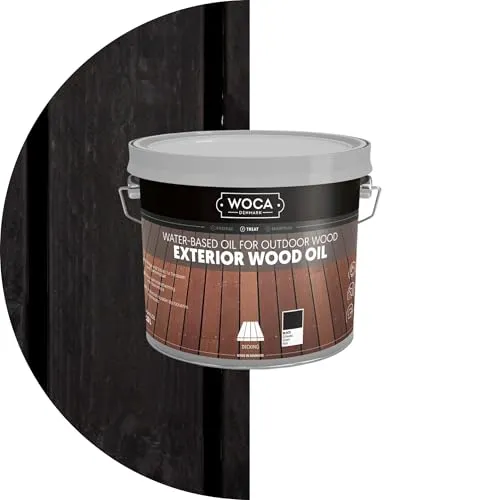 WOCA Denmark Exterior Wood Oil Schwarz 2,5 L - Hochwertiges Terrassenöl für Außenbereiche - Ideal für Terrassen, Zäune und Möbel. Die pflanzenbasierte Formel dringt tief ein, schützt das Holz dauerhaft und sorgt für ein schönes Finish – ganz ohne chemische Lösungsmittel.