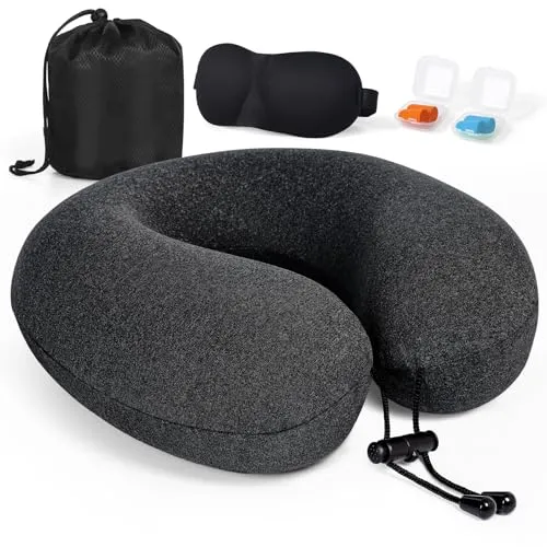 Kulamo Nackenkissen Flugzeug, Reisekissen 100% Memory Foam, Nackenhörnchen Erwachsene, Nackenkissen Reise mit 3D-Schlafmaske, Ohrstöpsel, Tasche Ideal Für Reisen Mit Flugzeug, Auto, Zug