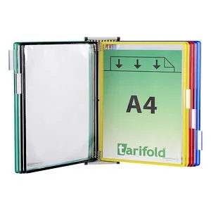 Tarifold Sichttafelsystem 414609 - Magnetischer Wandhalter mit 10 Sichttafeln - Sichtwender für A4-Dokumente, ideal für magnethaftende Oberflächen. Farbige Rahmen erleichtern die Beschriftung und die praktische Zapfenmechanik ermöglicht schnelles Auswechseln der Tafeln.