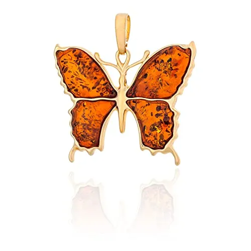 AMBEDORA Damen Schmetterling II Anhänger, Vergoldetes Sterling Silber, Baltischem Bernstein in Cognacfarbe, Anhänger mit freier Kette, Geschenk für Frauen