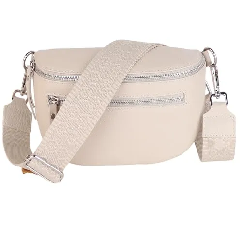 MIRROSI® Damen Bauchtasche Umhängetasche 27x14,5x8cm Damen, Made in Italy, aus Echtleder Tasche Echtes Leder, Brusttasche, Crossbody Bag,Bohemian Style (1 Tasche 2 Gurte) (Beige Zwei Rauten)