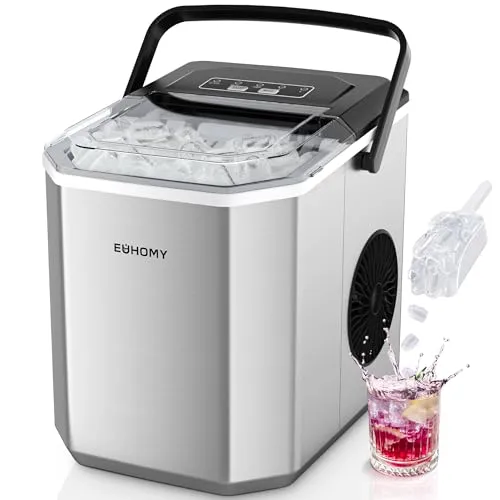 EUHOMY Eiswürfelmaschine, 9 Würfel in 6 Min, Bullet-Eismaschine, 2 Würfelgrößen, Edelstahl-Eismaschine für die Arbeitsplatte, 12 kg/Tag Eiswürfelbereiter, Silber, für Zuhause/Küche/Büro/Wohnmobil