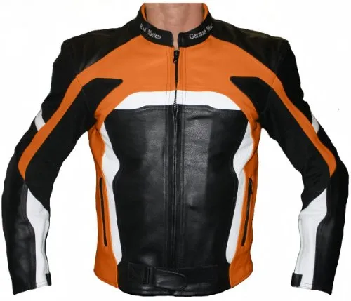German Wear Herren Motorradjacke - Lederjacke mit Protektoren in Orange, Größe XL - Schutzjacke mit umfassenden Protektoren für Arme, Schulter und Rücken. Eingenähtes Innenfutter, waschbar und praktische Reißverschlüsse für optimale Passform.