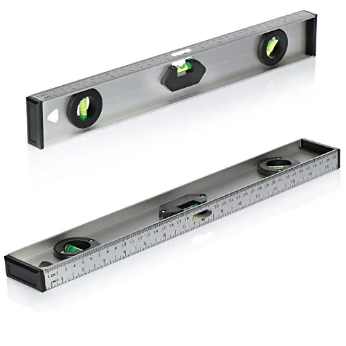 com-four® 2x Wasserwaage aus Aluminium - 40cm lange Metall-Wasserwaage - Richtwaage mit horizontaler, vertikaler und 45 Grad Libelle - Schlagwaage - Baulatte mit Libelle (2 Stück - 40cm/silberfarben)