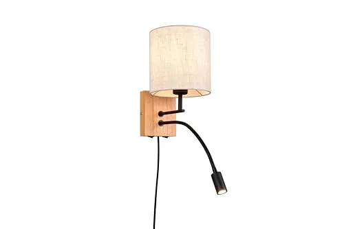 lightling Wandlampe Nils mit LED Lesearm, Hauptlicht mit Stoffschirm in Weiß, zylinderförmig, getrennt schaltbar, exkl. 1 x E27 max. 28W, Höhe 30 cm, Breite 18 cm, Naturholz