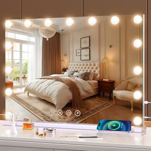 halumao Schminkspiegel mit Beleuchtung, 58 x 48 cm Hollywood schminktisch Spiegel mit 15 Lampen, 3 Modi Tischspiegel mit Touch-Schalter USB-Ladeanschluss