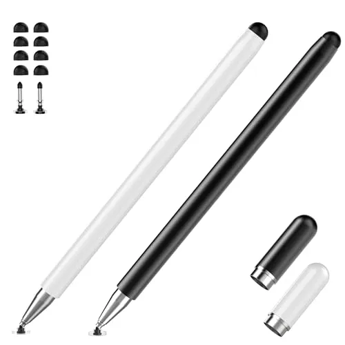 2er-Pack Tablet-Stift für alle Touchscreen-Tablets-kompatibel mit IOS, Android, Surface, Smartphone, 2-in-1-Präzisionsscheibenspitze und Silikonspitze, Kein Aufladen erforderlich, Schwarz/Weiß