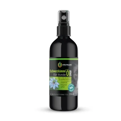 Kräuterland Schwarzkümmelöl Spray für Hunde 250ml kaltgepresst nativ | Sprühflasche für Fellpflege unterwegs (Baden, Spaziergängen), schwer erreichbare Stellen, ohne Alkohol/Parabene/Duftstoffe