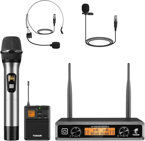 TONOR TW821 Lavalier Mikrofon Set Wireless - Kabelloses 4-Kanal Bodypack Mikrofon, ideal für Karaoke und Präsentationen mit hoher Klangqualität.