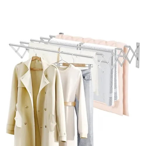 Wäscheständer Wandmontage, Wäschetrockner Wand Ausziehbarer, Wäscheaufhänger Wand Klappbar aus Edelstahl mit 7 Stangen, Handtuchhalter für Waschraum, Bad, Balkon (43-80), Tragkraft 36.29kg