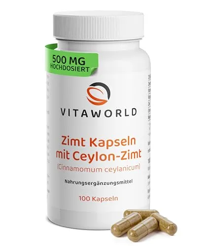 Zimt Kapseln – Ceylon Zimt Kapseln hochdosiert mit 1500 mg pro Tagesdosis (100 Stück) – ideal zur täglichen Ergänzung mit Magnesium, Zink & Chrom – vegan, ohne Zusätze, laborgeprüft – vitaworld