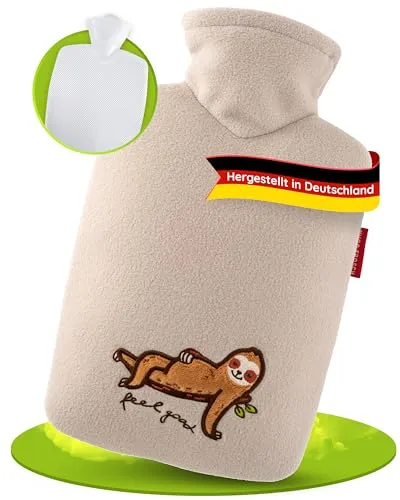 Hugo Frosch Wärmflasche Klassik 1,8l – Made in Germany – mit weichem Fleecebezug Faultier 