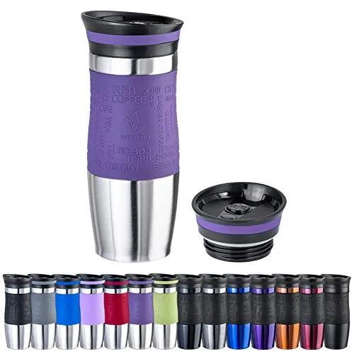WELLGRO Thermobecher 400 ml + 1 Extradeckel - Edelstahl rostfrei - Silikon Soft-Touch Griffstück - BPA-frei - Isolierbecher doppelwandig - Travel Mug - Kaffeebecher to go, Farbe:Lila