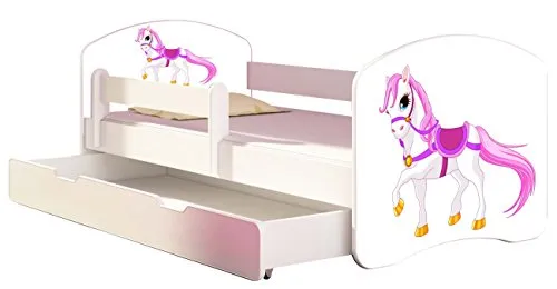 Kinderbett Jugendbett mit einer Schublade und Matratze Weiß ACMA II 140 160 180 40 Design (180x80 cm + Bettkasten, 43 Kleines Pferd)