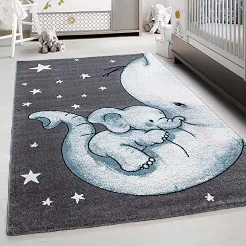 Teppium Kinderteppich für Jungen und Mädchen Elefant Muster 80 x 150 cm Blau - Kurzflor Waschbarer Teppich Extra Weich und Antiallergen - Teppich für Kinderzimmer, Babyzimmer und Spielzimmer